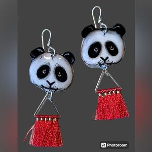 Giant Panda Bears earrings handpainted with red tassel OOAK